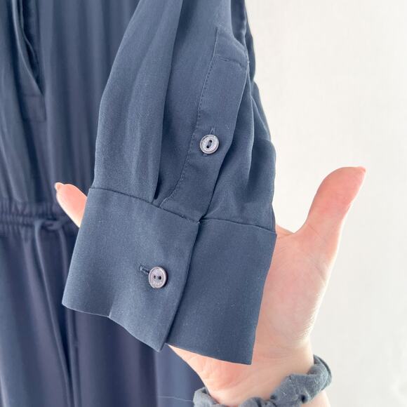 Vince Mixed Media Jumpsuit 8 Silk Long Sleeve Tapered Leg Drawstring Navy Blue - Picture 8 of 10